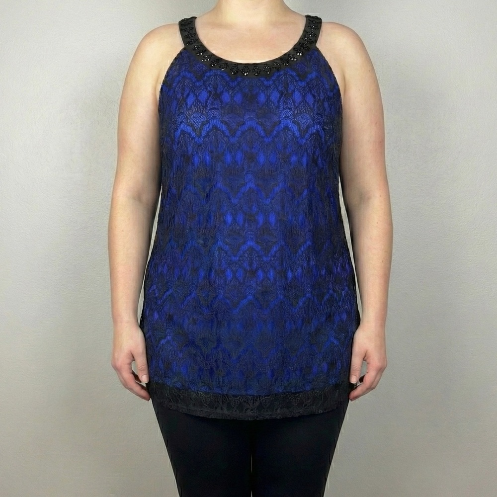 PerSeption Concept Lace Top XL Blue Black Beaded Sleeveless Blouse Shell Career